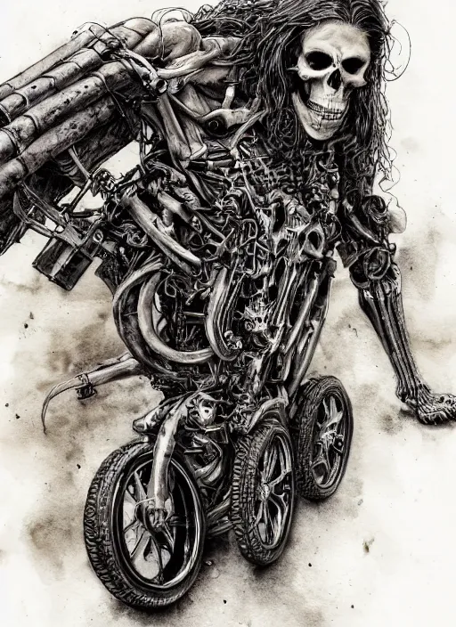 Image similar to portrait, A long haired biker skeleton in a wheelchair, watercolor, dramatic lighting, cinematic, establishing shot, extremely high detail, foto realistic, cinematic lighting, pen and ink, intricate line drawings, by Yoshitaka Amano, Ruan Jia, Kentaro Miura, Artgerm, post processed, concept art, artstation, matte painting, style by eddie mendoza, raphael lacoste, alex ross