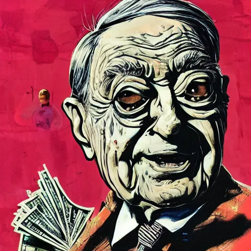 Image similar to George Soros full body shot, dollar bills Body horror, biopunk, by Ralph Steadman, Francis Bacon, Hunter S Thompson