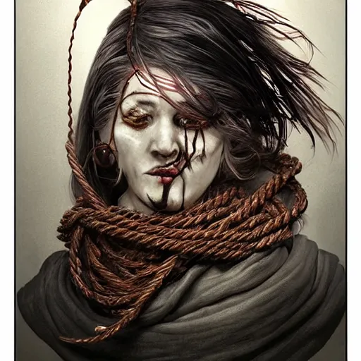 Image similar to portrait of a Shibari rope wrapped face and neck, headshot, insanely nice professional hair style, dramatic hair color, digital painting, of a old 17th century, old cyborg merchant, mouth wired shut, amber jewels, baroque, ornate clothing, scifi, realistic, hyper detailed, chiaroscuro, concept art, art by Franz Hals and Jon Foster and Ayami Kojima and Amano and Karol Bak,