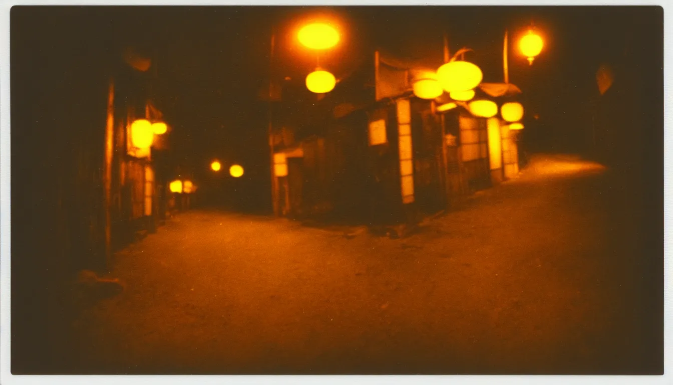 Image similar to colorful instant photograph of old japanese street at night, polaroid, light leak, raw, nostalgic