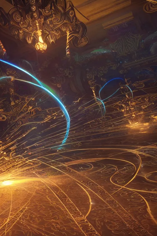 Image similar to thin swirling tribal light streaks and ornate flowing light streams and smooth particle effects, unreal engine