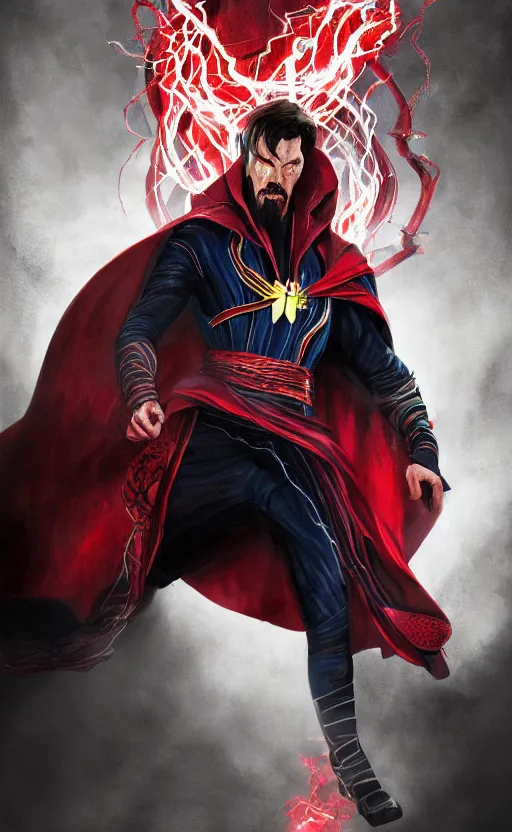 Image similar to venom as doctor strange, black and red suit, dynamic lighting, photorealistic fantasy concept art, trending on art station, stunning visuals, terrifying, creative, cinematic