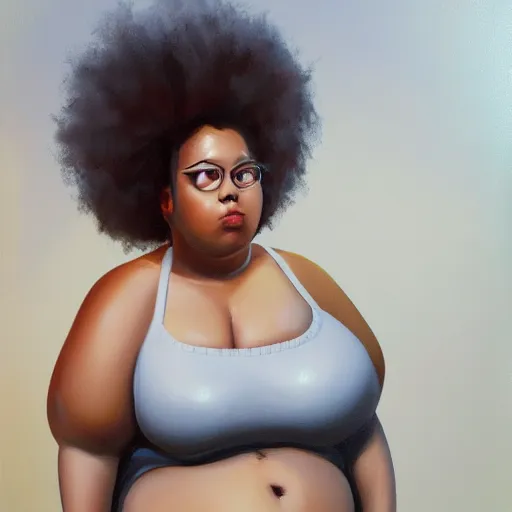 Image similar to beautiful oil painting of a fat mixed woman with an afro, beautiful eyes, artstation, volumetric lights, highly detailed, concept art, sharp focus, beautiful face