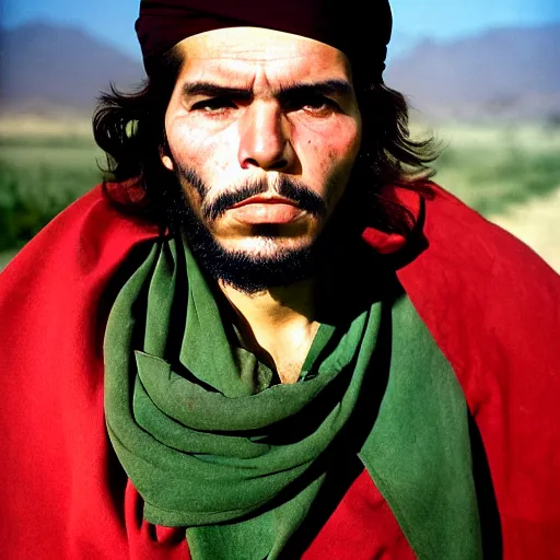 Image similar to portrait of che guevara as afghan man, green eyes and red scarf looking intently, photograph by steve mccurry