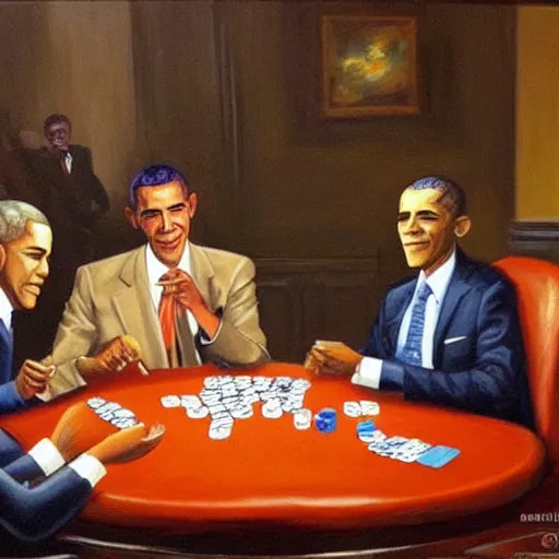 Prompt: Several copies of Barack Obama playing poker around a table, oil painting, warm lighting