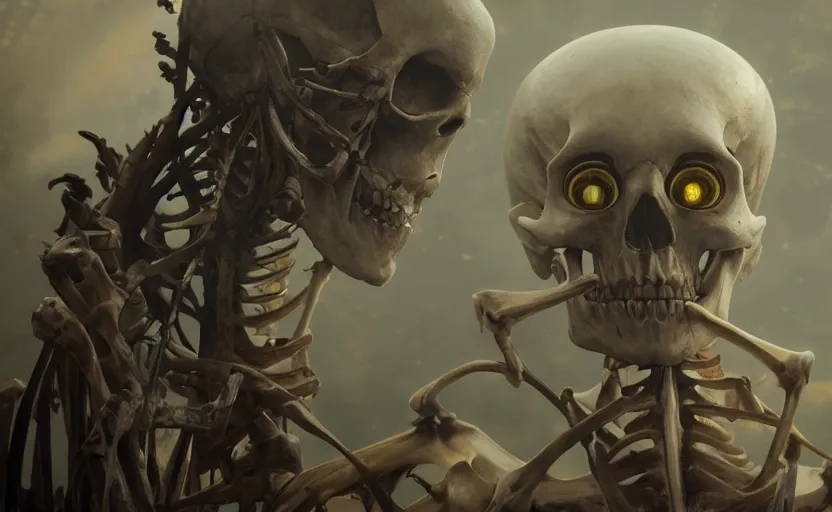 Image similar to skeleton with eyes, cinematic shot, 8 k, art by artgerm and greg rutkowski and alphonse mucha, movie screenshot