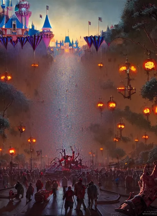 Prompt: masterpiece concept art, disneyland overun by zombies, by greg rutkowski and geof darrow, 8 k, intricate detail, cinematic lighting