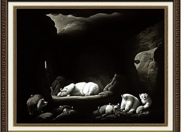 Prompt: Pieter Claesz's 'looking into dark cave and seeing a mother bear and her cubs sleeping', night time, cross hatching, framed