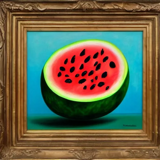 Image similar to painting of a watermelon by rene magritte, hd, 4 k, detailed, award winning