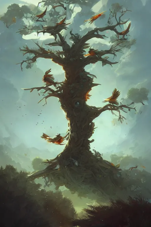 Prompt: a painting of a tree with birds flying around it, a storybook illustration by peter mohrbacher, cgsociety contest winner, fantasy art, artstation hq, detailed painting, behance hd