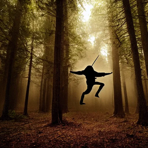 Prompt: An award winning photograph of a a ninja in a moody forrest jumping