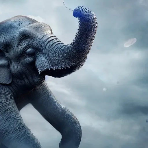 Image similar to evil silver bubble screaming elephant kaiju, cinematic, epic scale, hyper detailed, photorealistic, rule of thirds, 8 k.