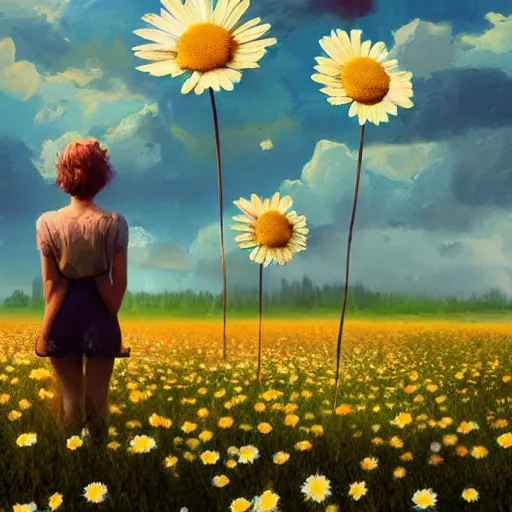 Image similar to many daisy flowers as a head, full body, girl walking in a flower field, surreal photography, sunrise dramatic light, impressionist painting, colorful clouds, digital painting, artstation, simon stalenhag, flower face