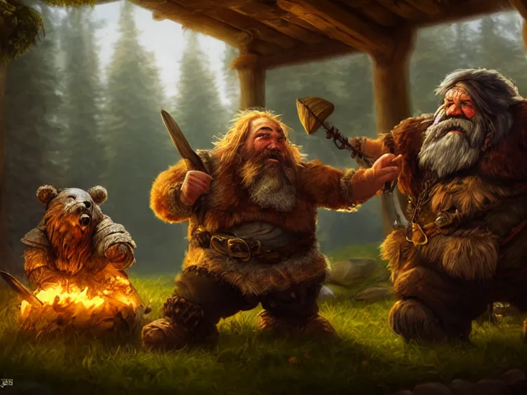 Image similar to Drunk Dwarf Druid and his Bear start a fight at the Tavern, RPG Portrait, Oil Painting, Trending on Artstation, octane render, Insanely Detailed, 8k, HD