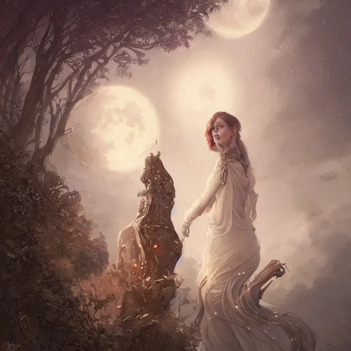 Image similar to a beautiful digital painting of a princess, princess, the moon behind her, intricate, cinematic lighting, highly detailed, digital painting, concept art, smooth, sharp focus, illustration, art by tom bagshaw, artgerm and greg rutkowski