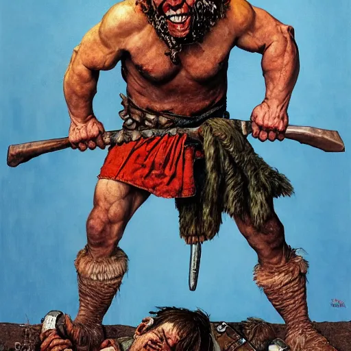 Prompt: portrait of a grinning barbarian, ultra detailed, style of norman rockwell, style of richard corben, 4 k, crispy.