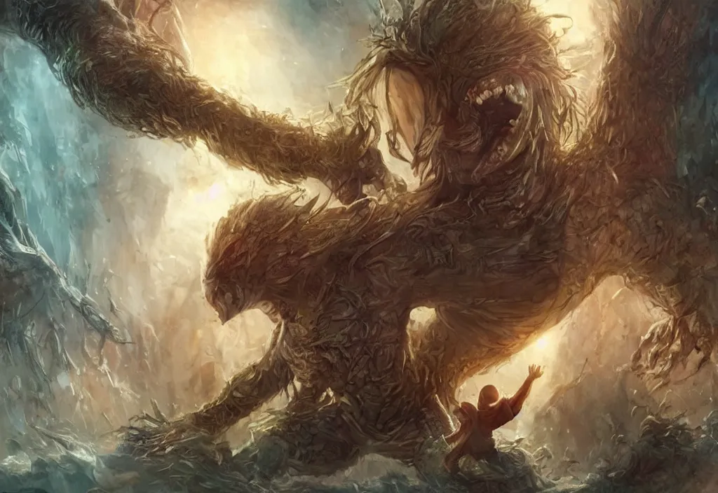 Image similar to small person cowering in fear from the limitless creativity monster, fantasy style