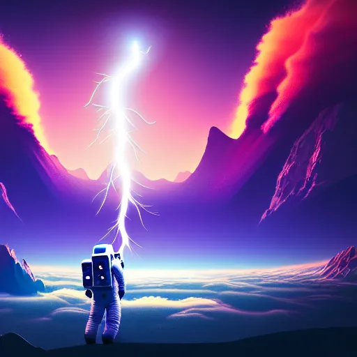 Image similar to astronaut finding a flower on an alien planet with mountains, water, strange clouds, hyper realistic, dramatic lightning, ray tracing, 8 k