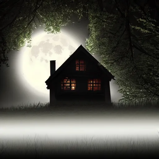 Image similar to dark forest with scary wooden house, full moon, cinematic scene