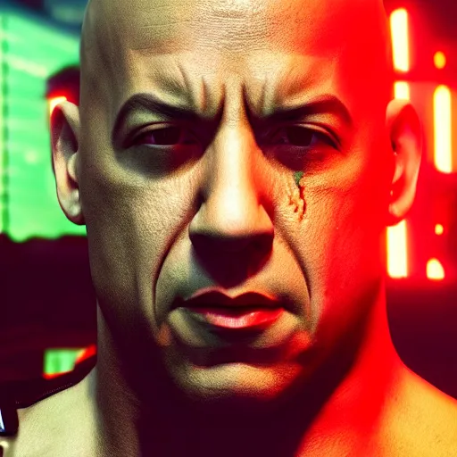 Image similar to vin diesel portrait, cyberpunk 2 0 7 7, cyberpunk jackie welles, photorealistic, ultra detailed, neon, octane, bokeh, cinematic lighting, cyber, cyberpunk city, studio quality, feature, scars, cyberface, 8 k