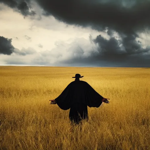 Image similar to pagan standing in a field with traditional pagan Halloween cosrume with dark clouds in the sky, photo journalism, photography, cinematic, national geographic photoshoot, vintage photo