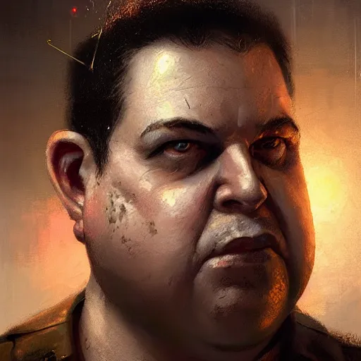 Image similar to closeup portrait of an overweight barkeeper with an artificial arm, ratz, neuromancer, bar background, painted by greg rutkowski, painted by igor kieryluk, high detail, dramatic light, digital art, trending on artstation