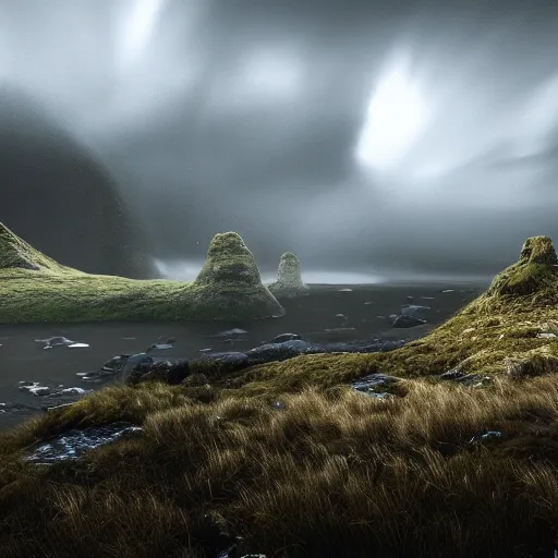 Prompt: scottish landscape, intricate detail, volumetric lighting, epic composition, hyper detailed, ultra realistic, sharp focus, octane render, ray tracing, sense of awe, swirling mist