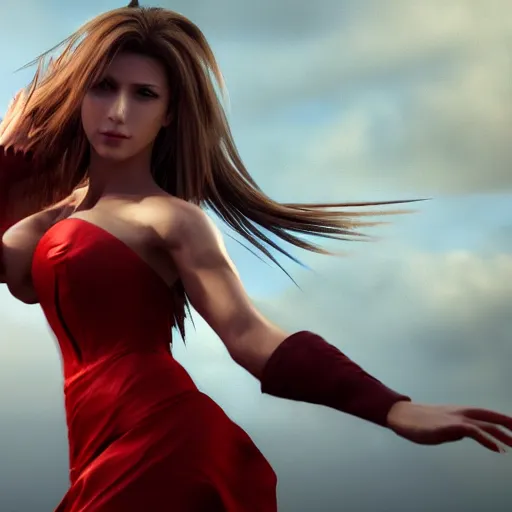 Image similar to epic scene of very attractive final fantasy vii female character, detail face, lovely eyes and detailed lips, with amazing detail red dress, feet in high heels, side view ) ( fighting ) hyper realistic 3 d render, art station, particles, epic scene, mucha, clouds, seductive jump pose, blur focus, action,