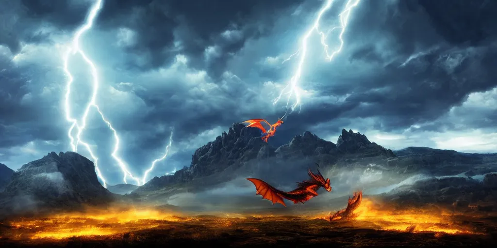 Prompt: a powerful flying fire Dragon fighting against a Wizard which shoots lightning in the foreground, big Mountains and wide forrests are in the Background, stormy weather at night ,cinematic Style, hyperrealistic