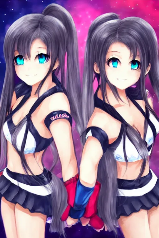 Image similar to two beautiful female fighters with twintails facing each other, detailed anime art