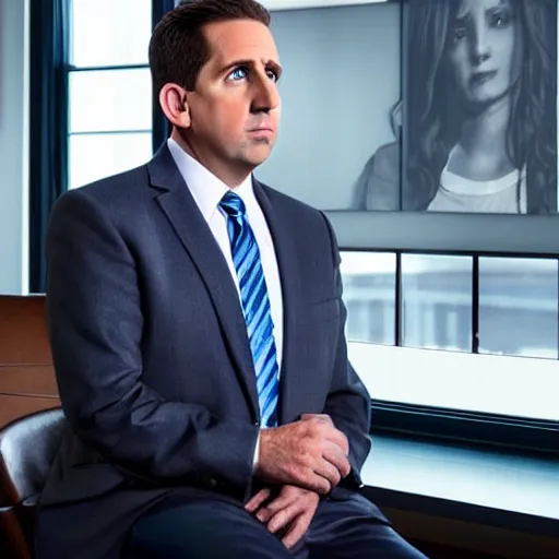 Image similar to still photo of michael scott, highly detailed, photorealistic portrait, bright studio setting, narrow depth - of - field, studio lighting, crisp quality and light reflections, unreal engine 5 quality render