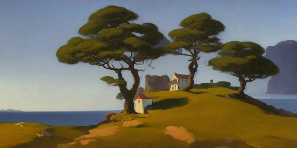 Prompt: a beautiful landscape painting of a rocky outcrop on the coast with a tree next to a house, foggy atmosphere, by edward hopper, oil on canvas, highly detailed, hd, 4 k