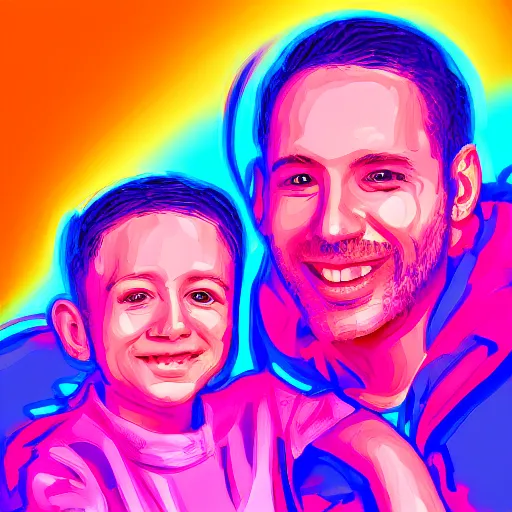 Prompt: portrait of smiling father and son at home with neon background, vaporwave, digital painting 4 k