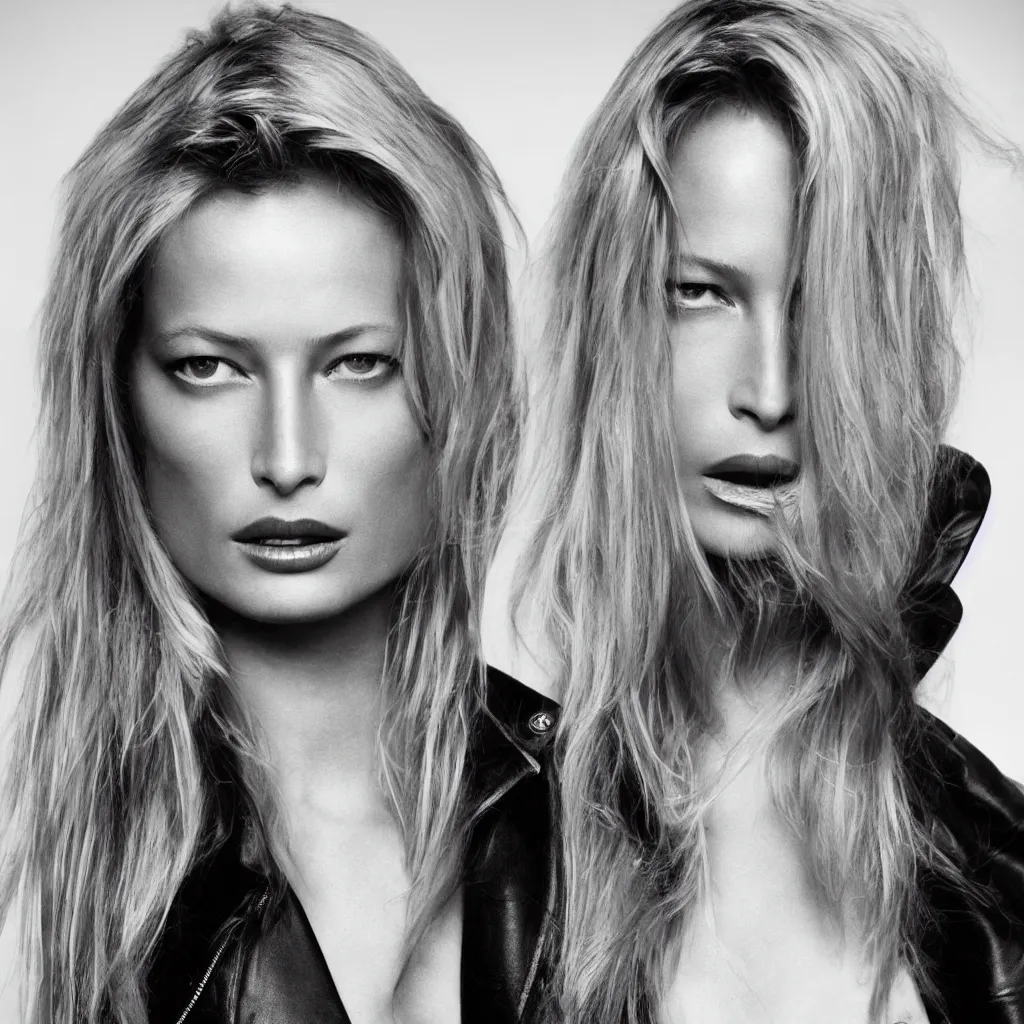 Prompt: a beautiful singular upper body magazine portrait by helmut newton of one attractive female fashion model carolyn murphy with symmetrical features and beautiful. flowing long blonde hair with a disdainful and arrogant expression and wearing a black leather jacket and black leather bra. trending on artstation, centre image, clean borders, symmetry, studio lighting ; photorealistic
