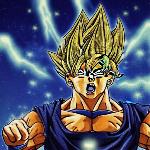 Prompt: portrait of Donald Trump from dragon ball z with glowing golden aura flying over a desert field, super saiyan 3, yellow spiky hair, high quality photo