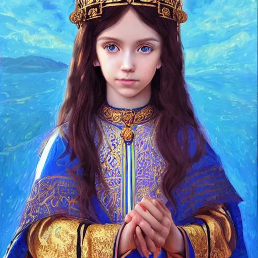 Image similar to a little girl with short wavy curly light brown hair and blue eyes, a space empress in byzantine style. beautiful highly detailed face, painting by ilya kuvshinov