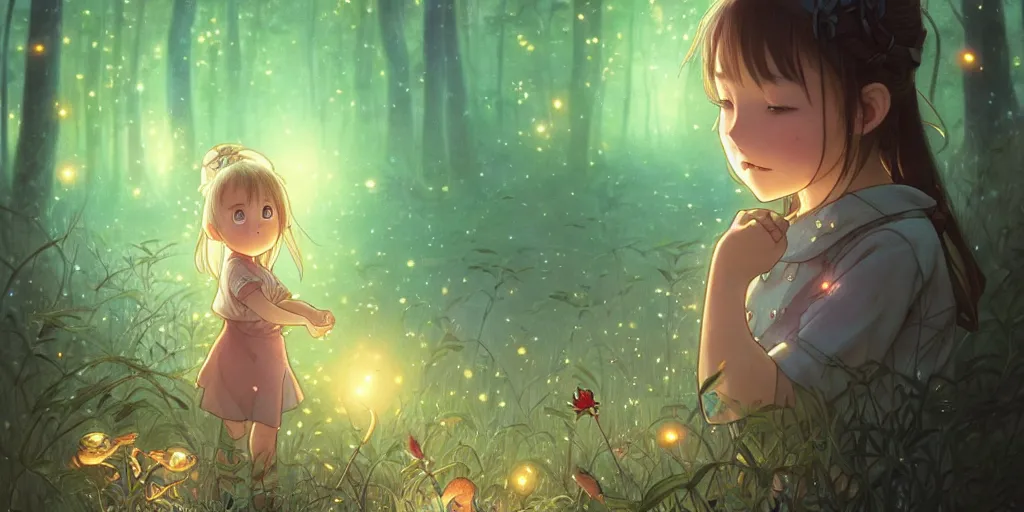 Image similar to small girl and the fireflies, by the pond in a forest, night sky. anime, fantasy, smooth. digital painting, by hayao miyazaki and rossdraws and artgerm and detmold and greg rutkowski and alphonse mucha. artstation. beautiful, high quality, stunning, intricate detailed environment. 8 k