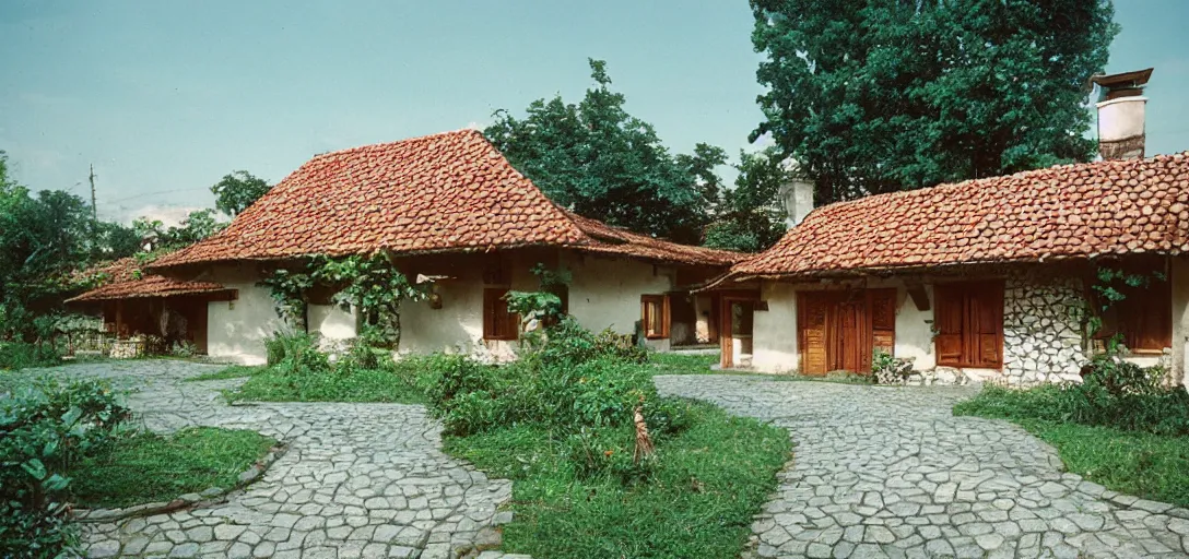 Prompt: house in carpathian vernacular style. outdoor landscaping designed by roberto burle marx. fujinon premista 1 9 - 4 5 mm t 2. 9. portra 8 0 0.