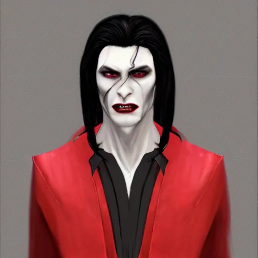 Prompt: a vampire, male, mid - 3 0 s aged, long black hair, clean shaven, in red and black, high fantasy, realistic, highly detailed, concept art, 8 k.
