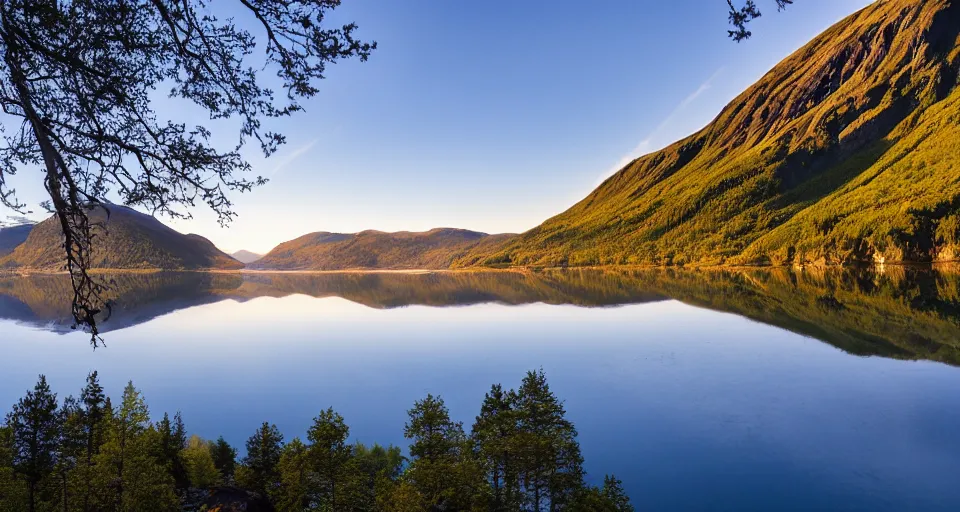 Prompt: a Norwegian fjord surrounded by mountains with the sun rising, trees on the mountain sides, completely still mirror water reflecting the surroundings