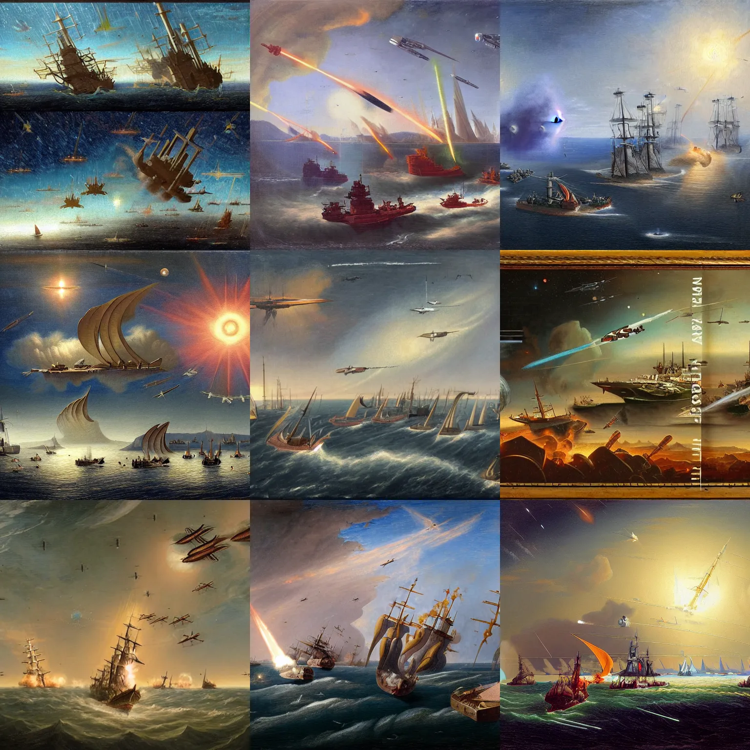 Prompt: an epic space battle between multiple battle ships and many smaller craft, in the style of hudson river school