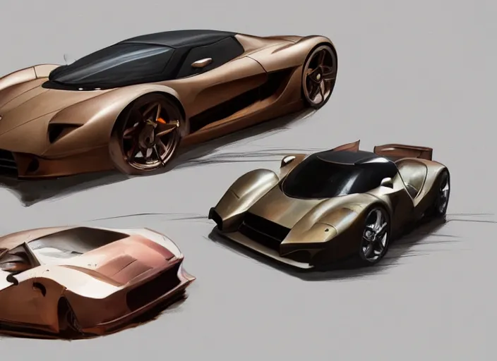 Prompt: combine some random sport cars as one with bronze paint, in a clean engineering sci - fi workshop, concept art style by pablo carpio. global illumination. full view.