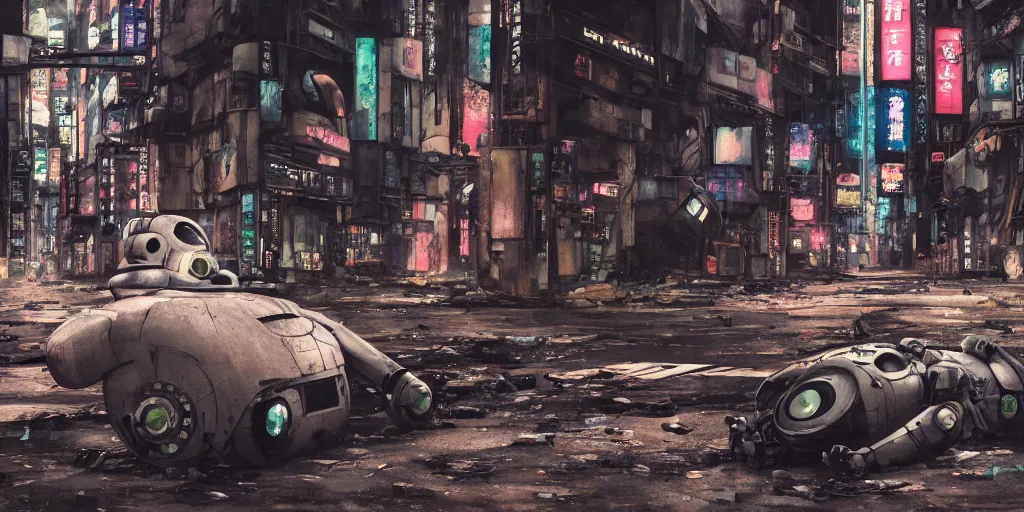 Image similar to a broken robot lying in deserted shinjuku junk town, watercolor, ghost in the shell, soft bloom lighting, paper texture, movie scene, cyberpunk, animatronic, black smoke, pale, beige sky pencil marks, hd, 4k, remaster, dynamic camera angle, deep 3 point perspective, fish eye, dynamic scene