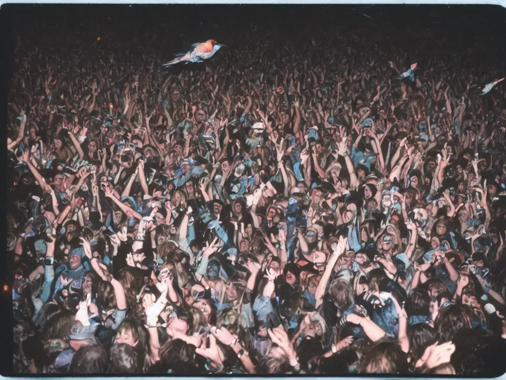 Prompt: 80s polaroid colour flash photograph of pigeons attending an Iron Maiden concert