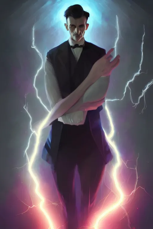 Prompt: nikola tesla, lightning, portrait, sharp focus, digital art, concept art, dynamic lighting, epic composition, trending on artstation, by emylie boivin 2. 0, rossdraws 2. 0