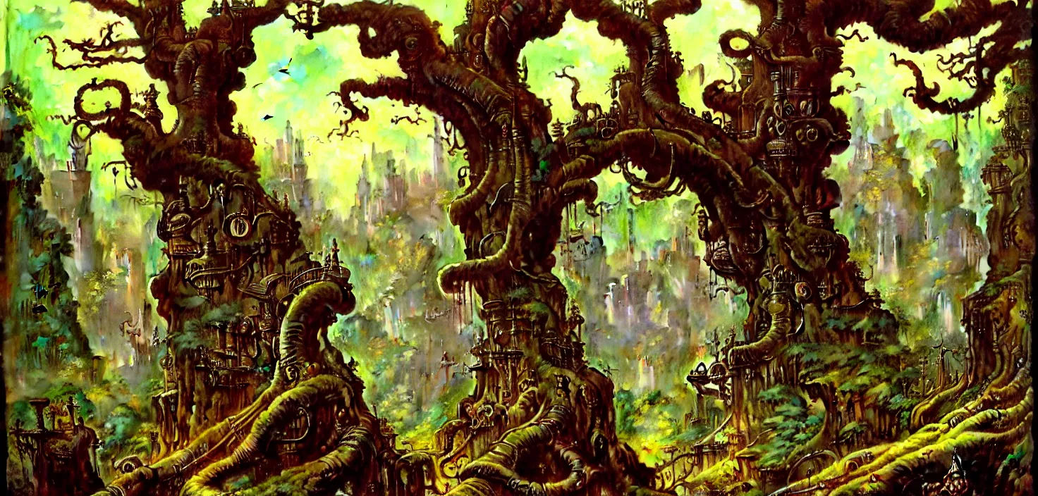 Image similar to exquisite imaginative fantasy landscape lush forests, gnarly trees, with steampunk castles movie poster by : : norman rockwell, sargent, james gurney weta studio, trending on artstation james jean frank frazetta