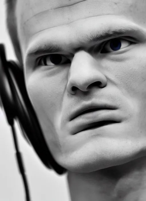 Prompt: perfect symmetric face, coherent eyes. vitalik buterin in headphones. close up, high detail, very sharp, 4 k, hayao miyazaki