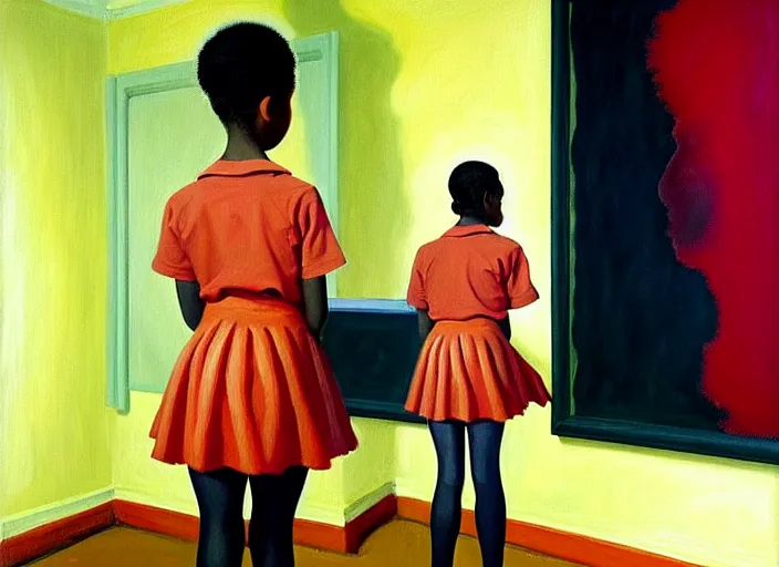 Prompt: oil painting of a beautiful african-american girl in a learning uniform wearing stockings, teaching a lesson in a void room full of existential horror painted by Bryan Lee O'Malley and Edward Hopper, John Singer Sargant, inspired by paintings of Francis Bacon and melting moody vibrating color palette of Mark Rothko, Cy Twombly gestural strokes