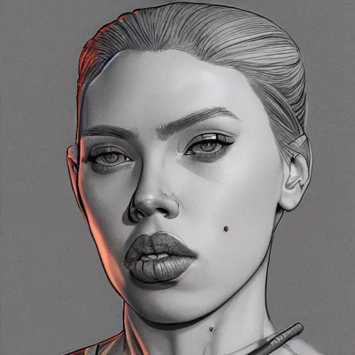 Prompt: drawing of female cyborg of young scarlet johansson by kim jung gi and james jean, front view, symmetrical face