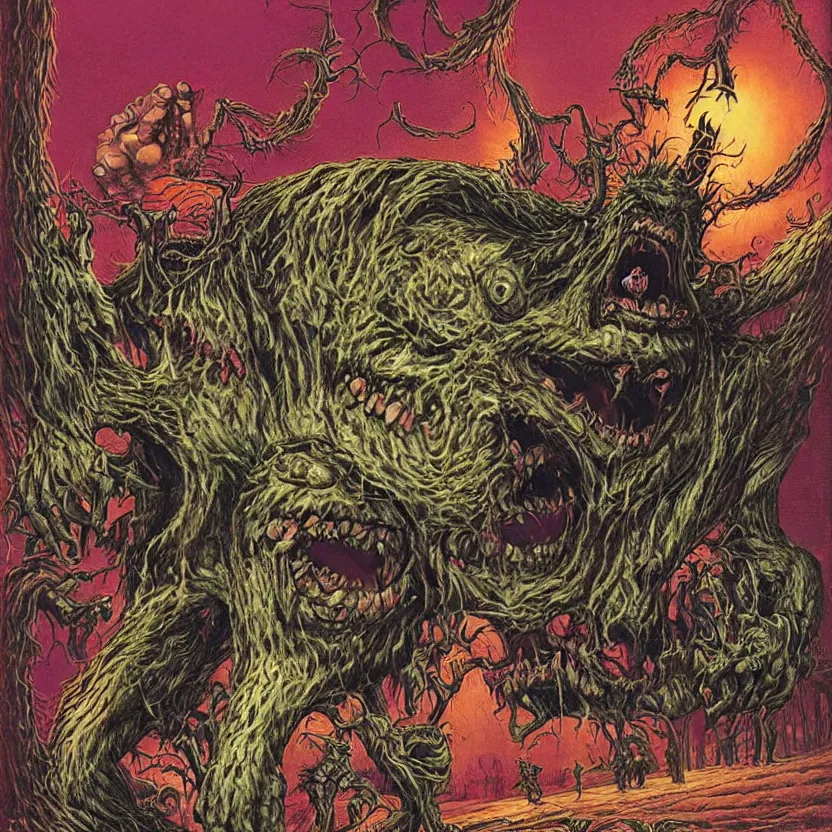 Image similar to a monster reaching through a framed painting. goosebumps cover art by tim jacobus, richard corben. pulp horror art.